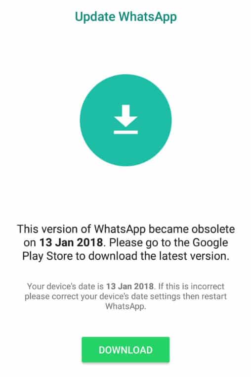 bug whatsapp version obsolete android