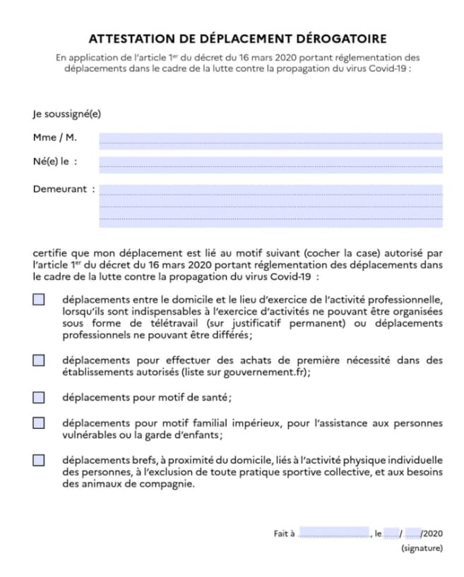 Attestation Déplacement Coronavirus COVID 19