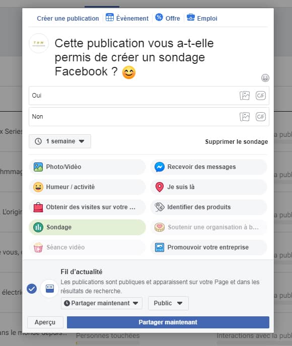 Faire sondage Facebook