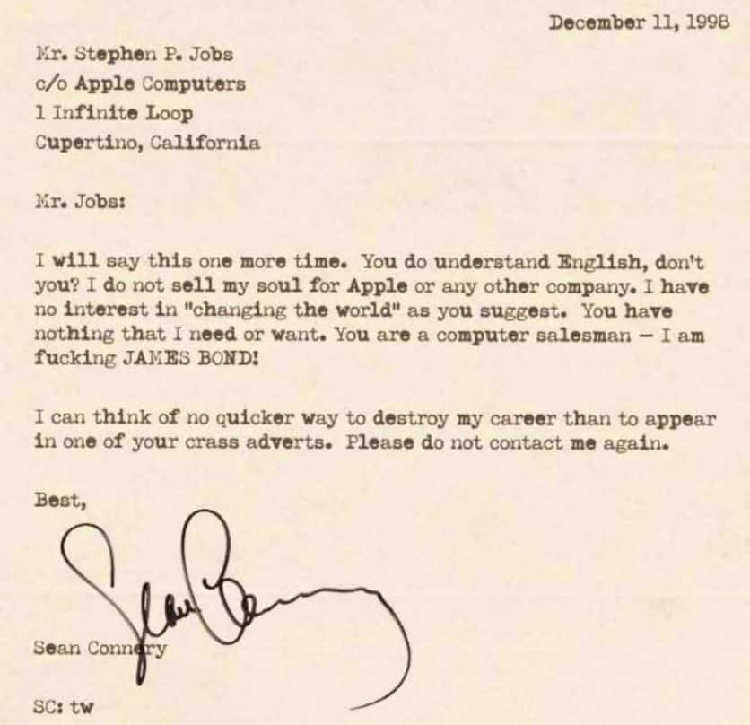 Lettre Sean Connery Steve Jobs Apple