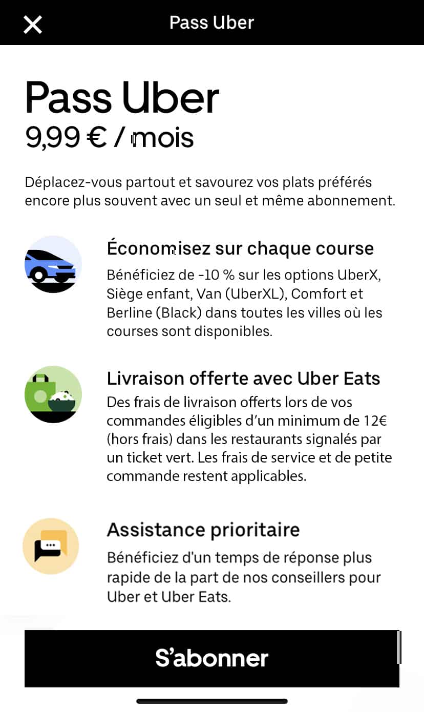 Prix abonnement Pass Uber