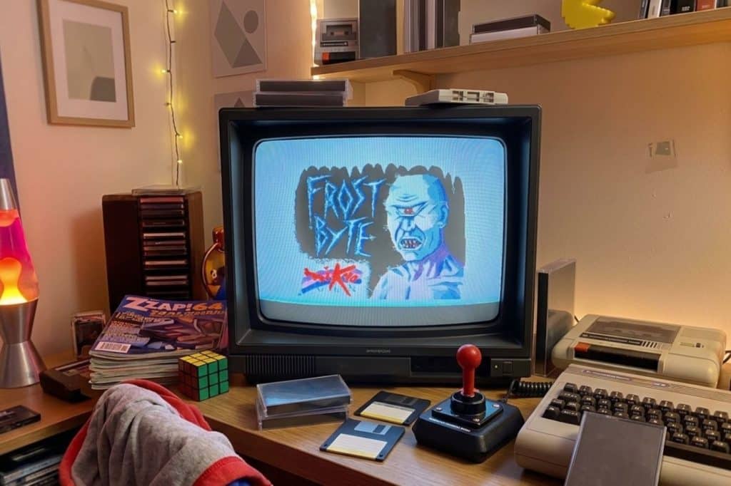 chambre bureau années 1980 avec le jeu Frost Byte sur l'écran