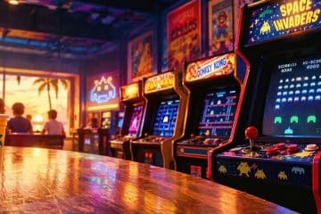 Une salle d'arcade en été avec les jeux Pac Man, Space Invaders...