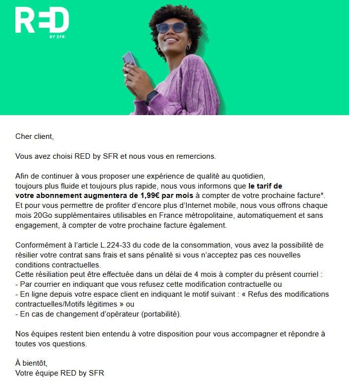Mail hausse de prix abonnement RED by SFR en octobre 2026